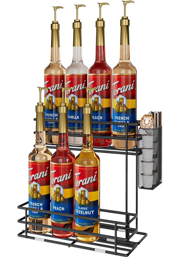 OVICAR Coffee Syrup Organizer Rack - 8 Bottle Holder Stand for Coffee Bar & Station Accessories with Straw & Pod Basket, 2 Tiers Black - Image 1